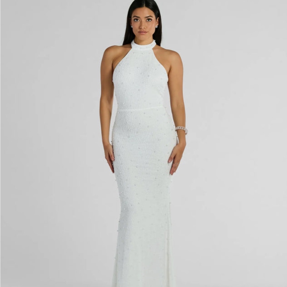 Courtney Halter Faux Pearl Bead Slim Formal Dress